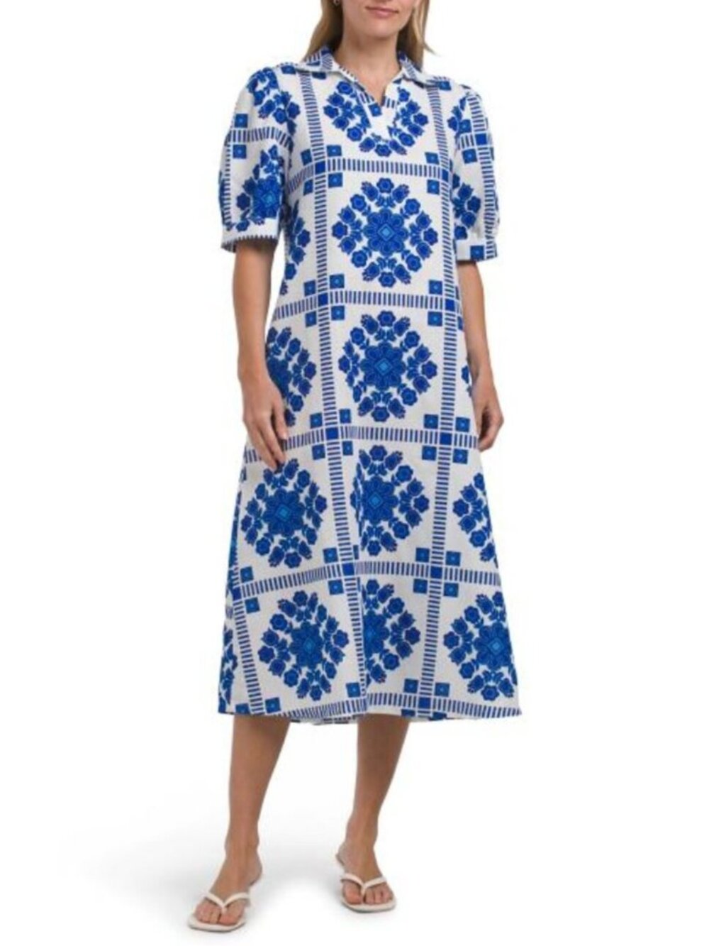 TERZO MILLENNIO Made In Italy Linen Blend Short Sleeve Tile Print Dress